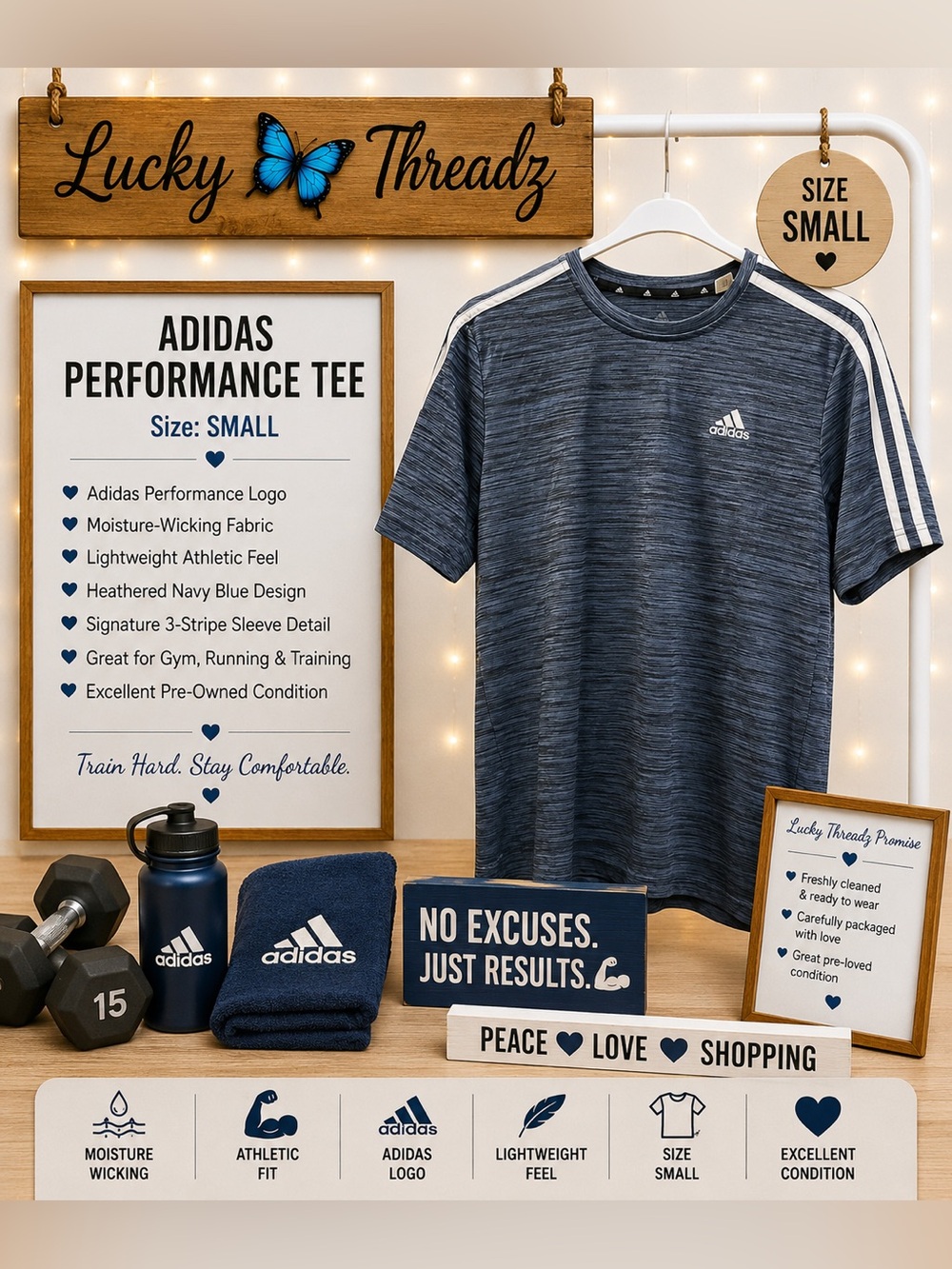 adidas Heathered Navy Blue Athletic Tee with White Stripes- Size Small